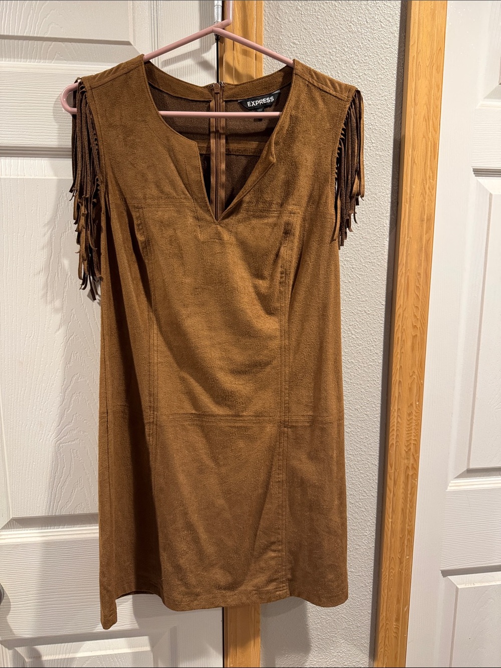 Express Tan Fringe Shift Mini Dress